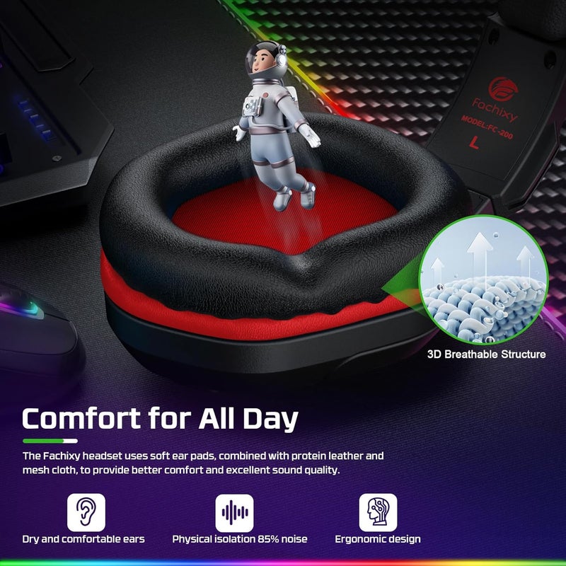 Fachixy FC200 PC Gaming Headset for PS4, PS5, Switch, Xbox One, Mac, Noise Canceling Headphones with Microphone, Computer Headset with 3.5mm Jack & RGB Light - Image 5